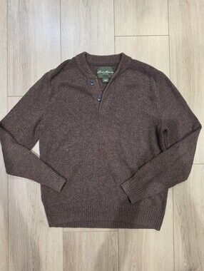 Eddie Bauer Men's Large Brown 100% Cotton Henley Knit Sweater